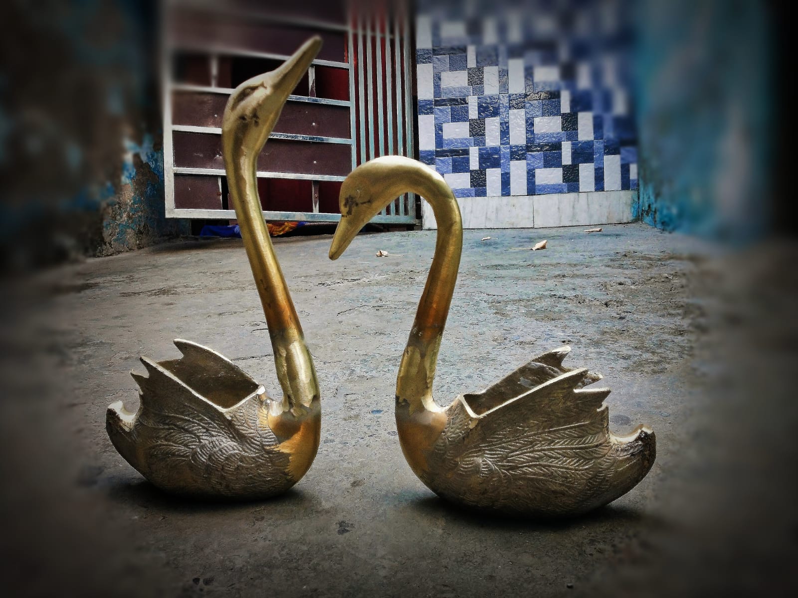 Vintage Brass Swan Planter Sculptures